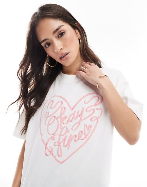 Cotton On premium boxy tee with okay fine graphic in white and pink