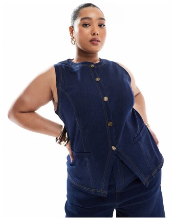 exclusive button front waistcoat & jorts co-ord in dark wash denim