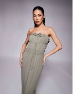 bandeau ruffle tiered waist maxi dress in khaki